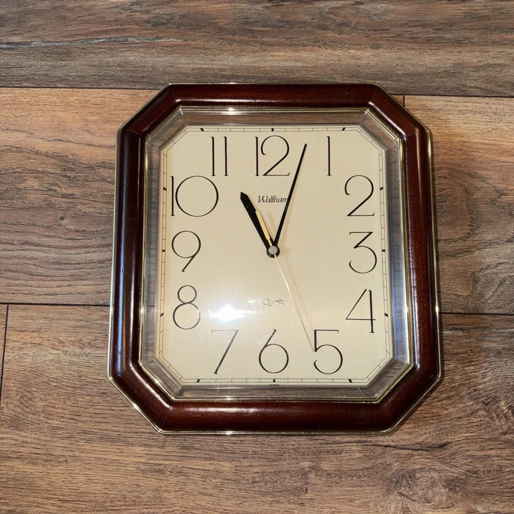 Vintage 80s Waltham Wall Clock Wood w/Gold Trim (Partially Works)